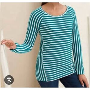 Chicos Ponte Knit Top‎ Jade White Striped Women's Sz M Work Casual Preppy Casual